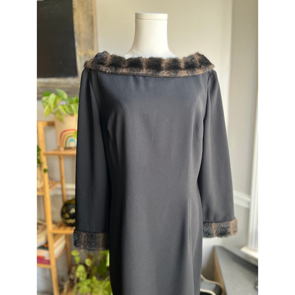 Vintage 90s Black Faux Fur Boat Neck Evening Gown Dress Size Large